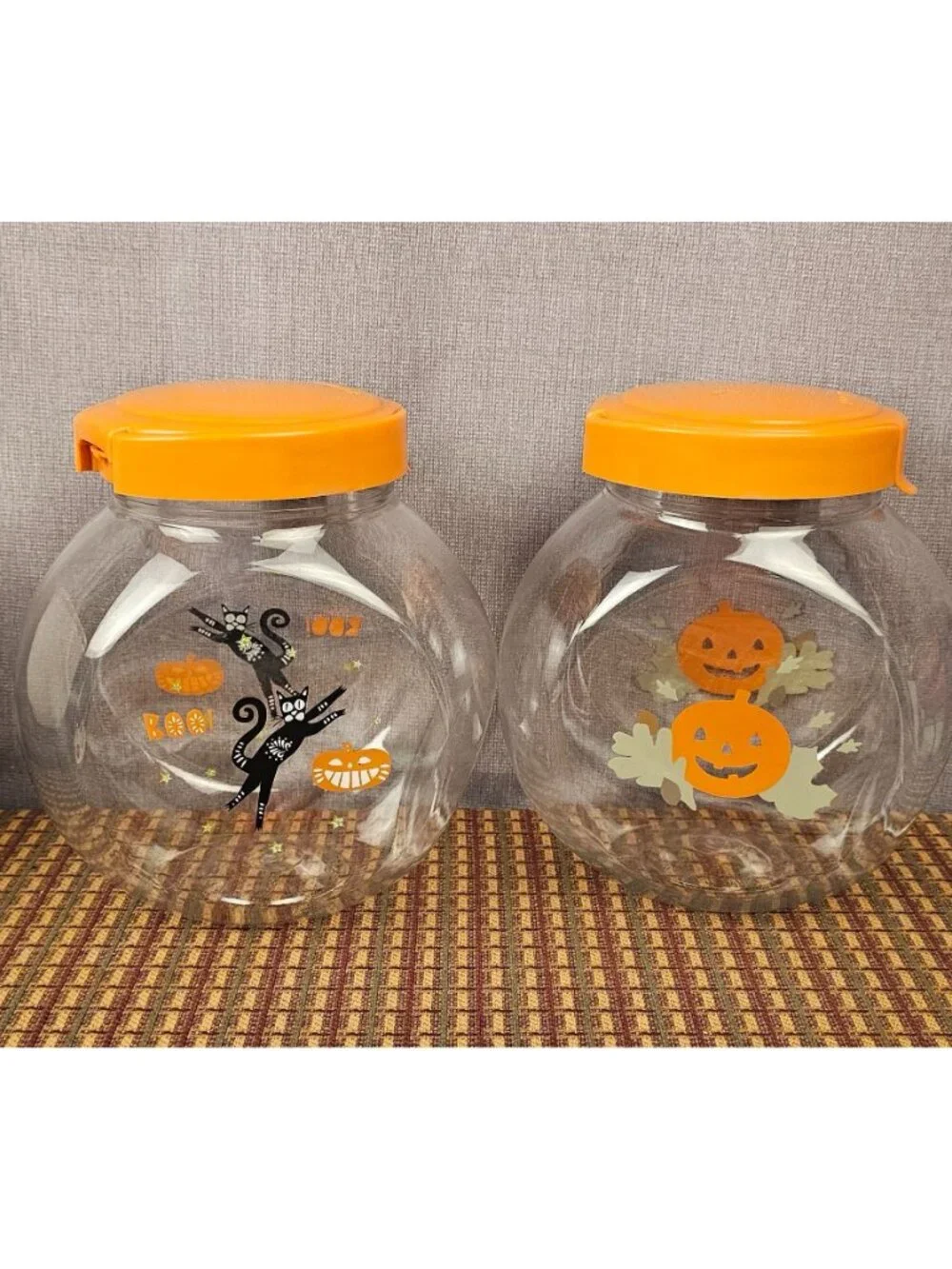 Halloween-Themed Plastic Storage Jars With Orange Lids Black Cat & Pumpkin Desig